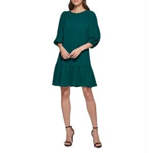 DKNY Olive Green Drop Waist Shift Dress Size 4 Nwt 3/4 Sleeve W Ruffle Hem